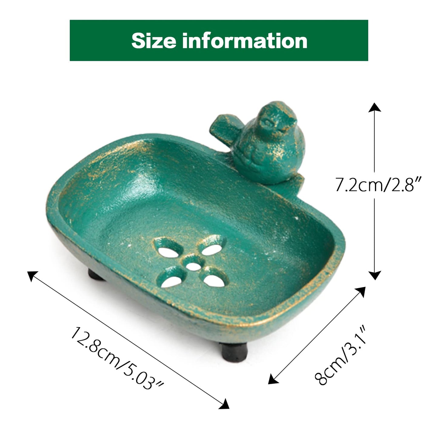 Sungmor Heavy Duty Cast Iron Hand Soap Holder - Lovely Bird Shaped & Antique Green Finish - Decorative Tabletop Soap Dish Tray for Kitchen Bathroom Sink - Practical Bath Soap Box Container