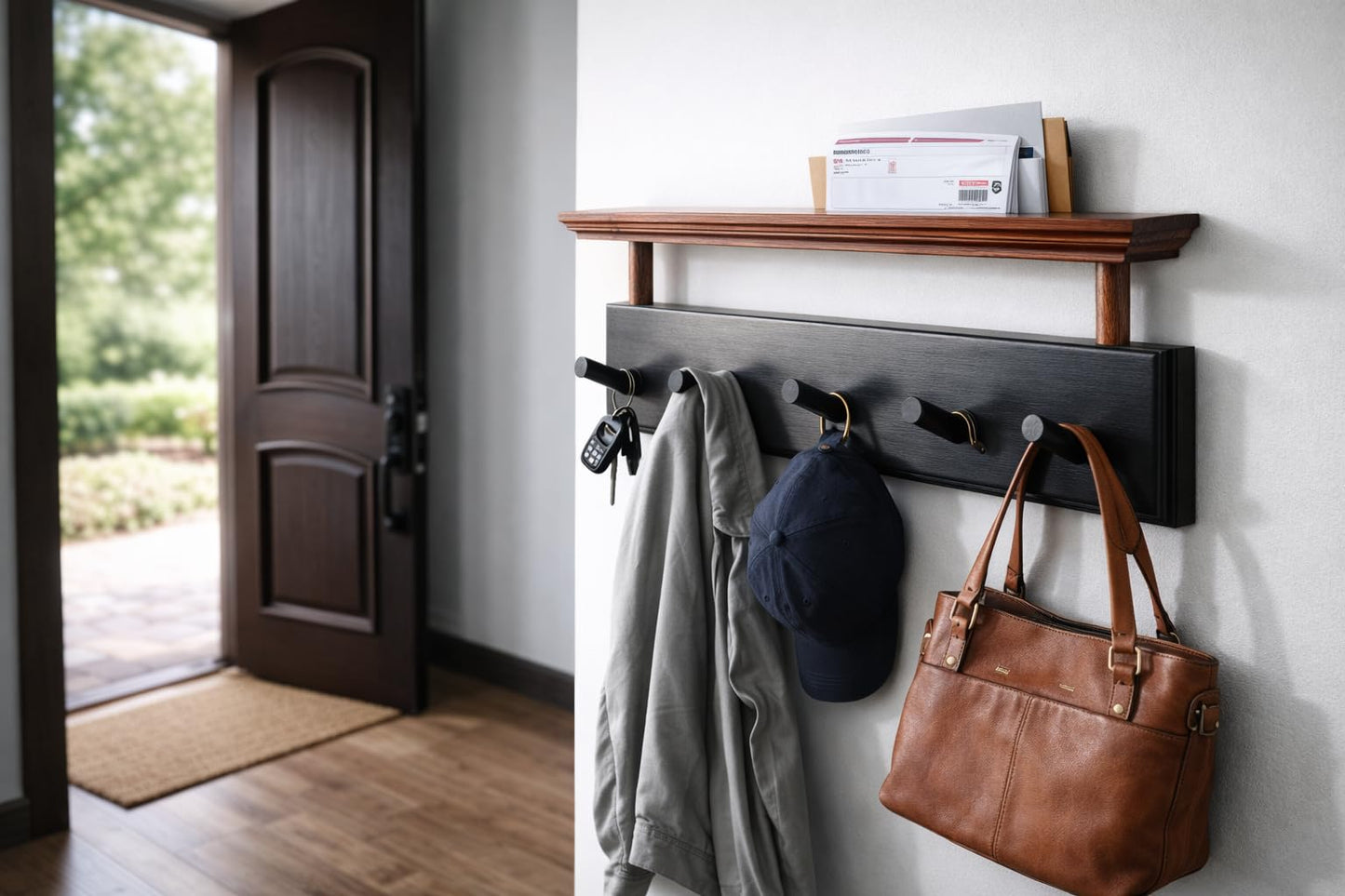 Matías Coat Rack Wall Mount with Shelf, 18 Inch Solid Wood Peg Rail, Wall Mounted Coat Rack with 5 Hooks, Wall Mount Shelf for Entryway, Bathroom or Bedroom (Black and Natural Wood)