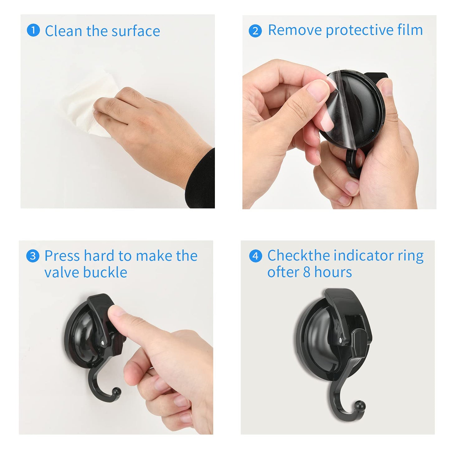 Khdrvok Heavy Duty Vacuum Wreath Cup Hook, No Hole Punched, Black-Plated Polished Super Suction for Kitchen, Bathroom and Restroom, ABS Plastic and TPU Rubber, 2 Pack