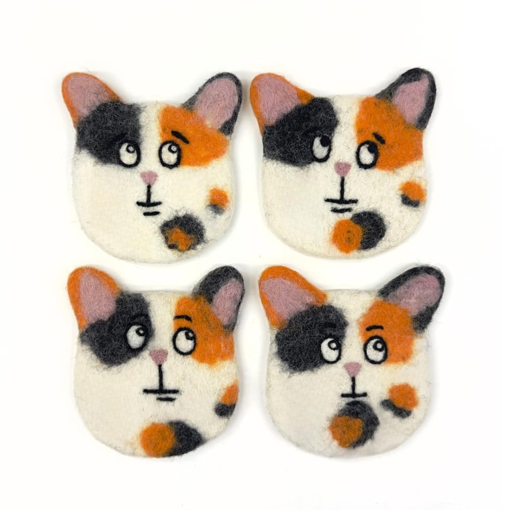 Humble Hilo Handmade Animal Felt Coaster Set of 4, Absorbent Coaster for Animal Lover (Calico Cat)
