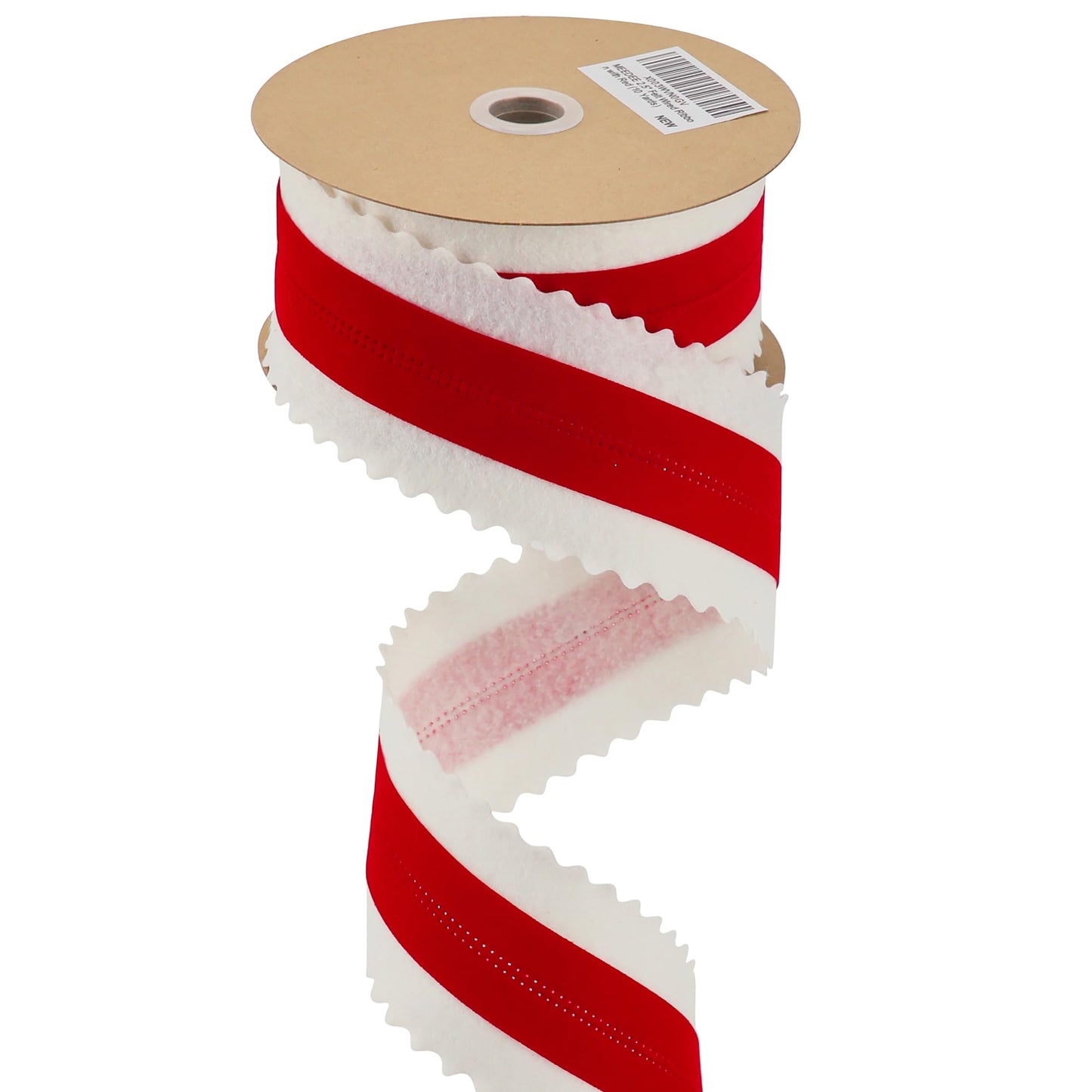 MEEDEE Christmas 2.5 Inch Gift Wrap Ribbon 10 Yards Wired Felt Ribbon White with Pink Velvet Middle Rickrack Cutout Ribbons for Christmas Tree Decoration, Topper Bow, Garland