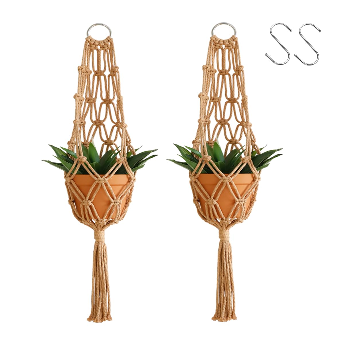 Artilady Hanging Planter for Indoor Plants Macrame Plant Hanger Large Hanging Plant Holder Brown Plants Basket White Rope Boho Original Wall Decor (Brown Plant Hanger-2pcs)