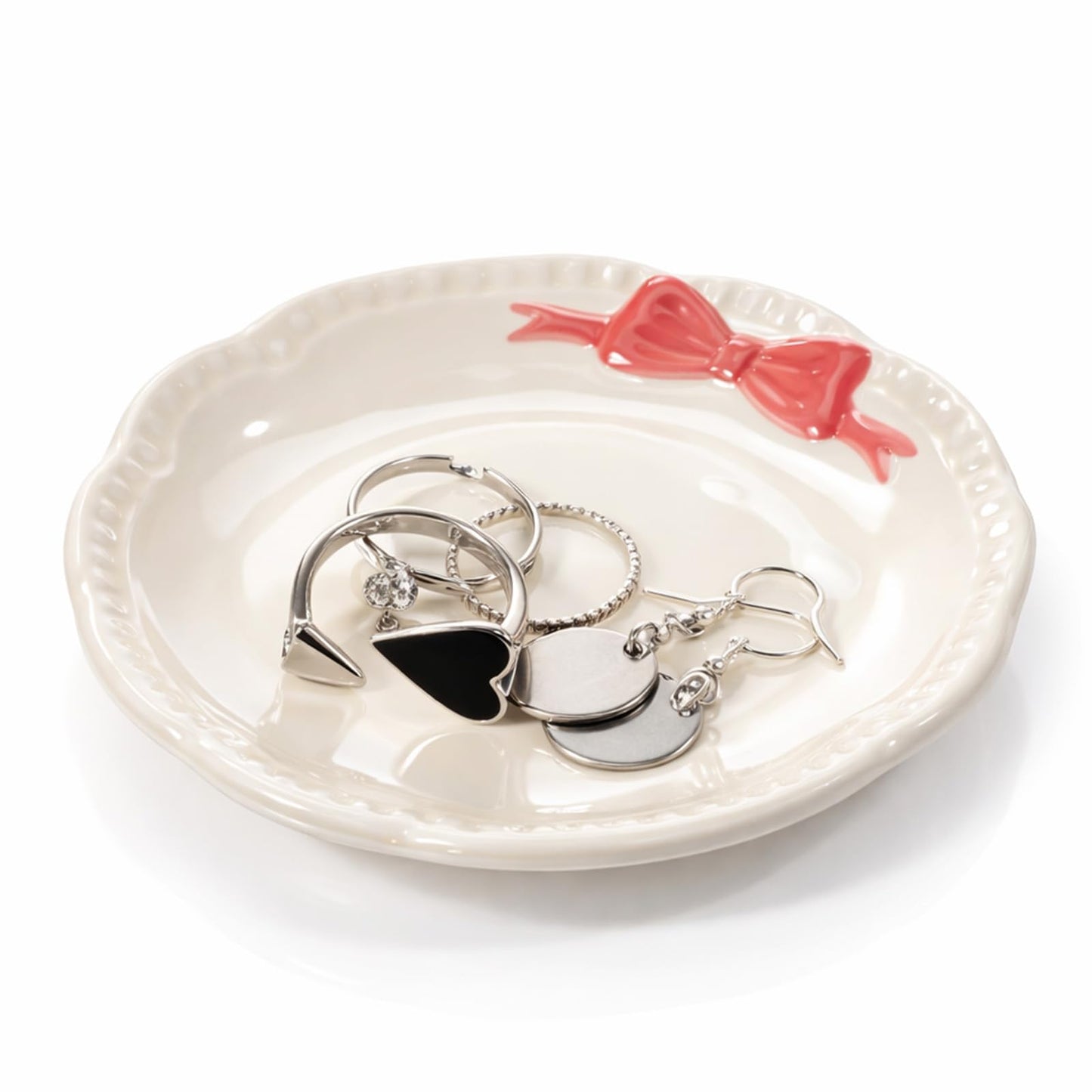 SynHHergyx Small Jewelry Dish, Ceramic Ring Holder Dish, Ceramic Jewelry Tray, White with Pink Bow Jewelrys Holder for Women, Small Jewelrys Tray for Vanity