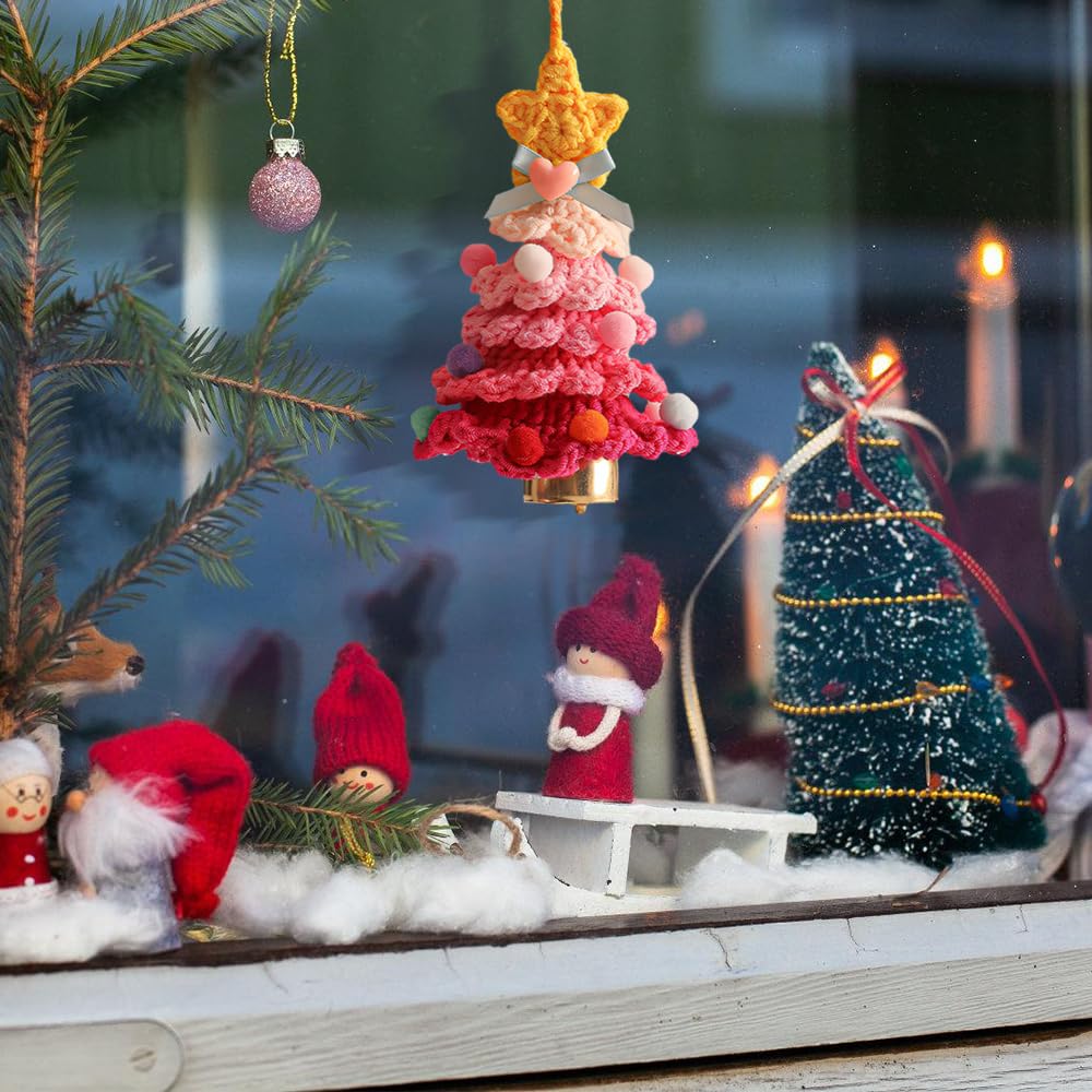 Crochet Christmas Tree Ornament, Knitting Handmade Xmas Tree Pendant with Bell for Holiday Hanging in Door, Car, Window
