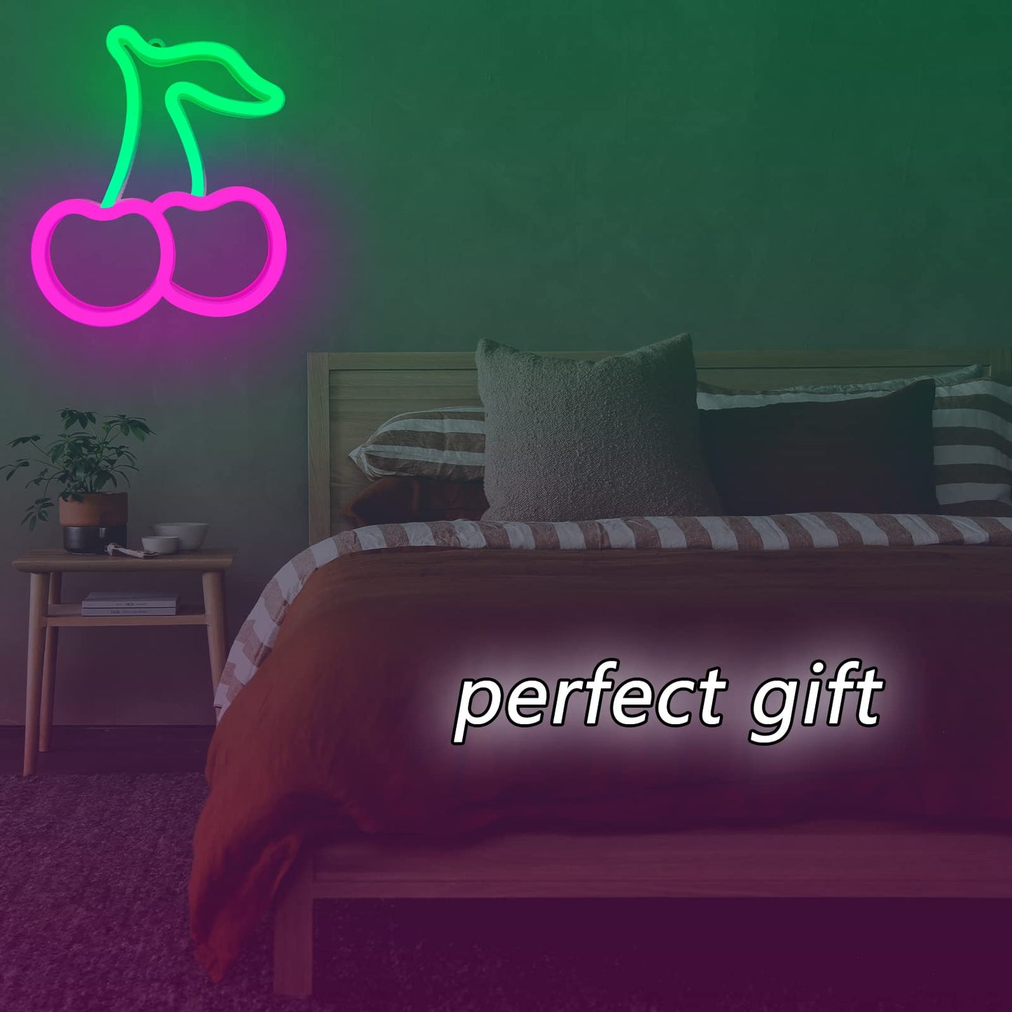 Cherry Neon Sign,Pink Green Cherries Neon Lights Cherry Neon Signs for Wall Decor,Cute Fruits LED Signs for Kids Room Restaurant Bar Fruit Shop Home