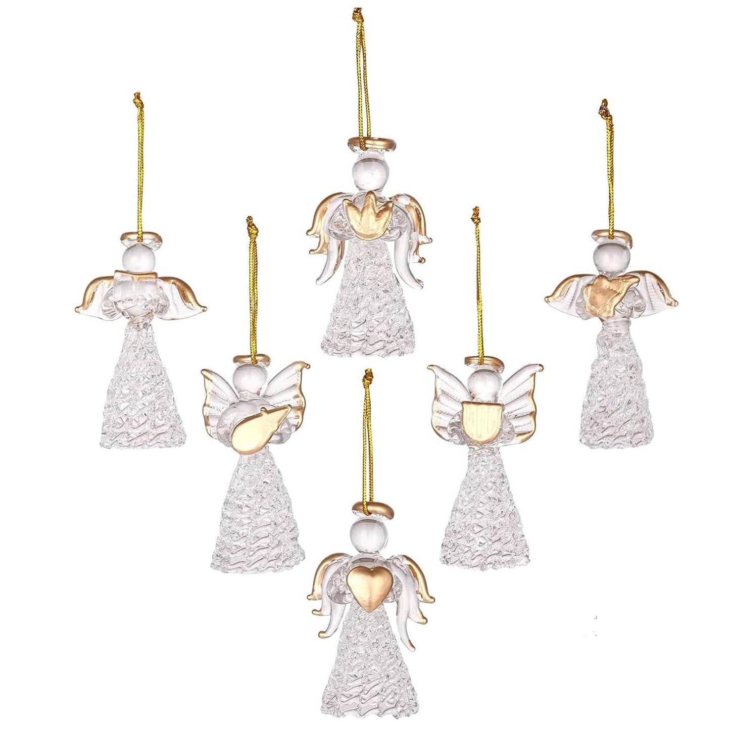 MAFAGE Christmas Angel Ornaments Set, 12 PCS Spun Glass Ornaments with Star/Heart/Praying Hands, Clear Angel Figurine Christmas Tree Pendants for Xmas Season Decor