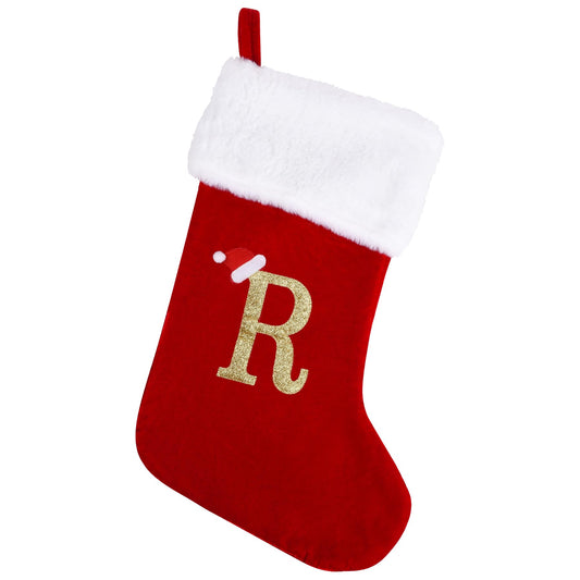 Sailup 20 Inches Monogram Christmas Stockings with Letters, Large Super Soft Christmas Stockings Red Velvet with White Super Soft Plush Cuff for Christmas Xmas Tree Holiday Fireplace (R)
