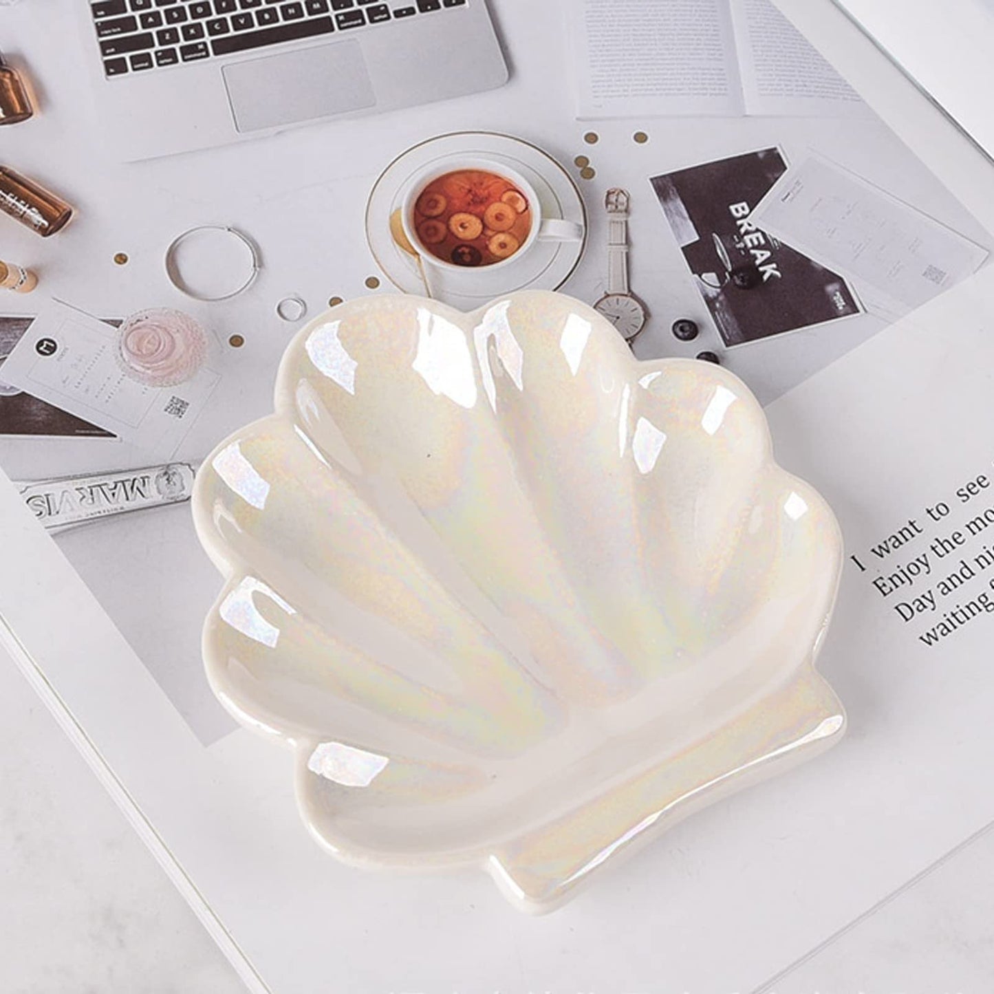 TIGERMILLION Shell Trinket Dish, Ceramic Ring Holder/Jewelry Tray, Cute Organizer Plate Vanity Decorations Accessories for Home Décor Bathroom Valentine's Christmas Birthday Mothers Day Gift for Women