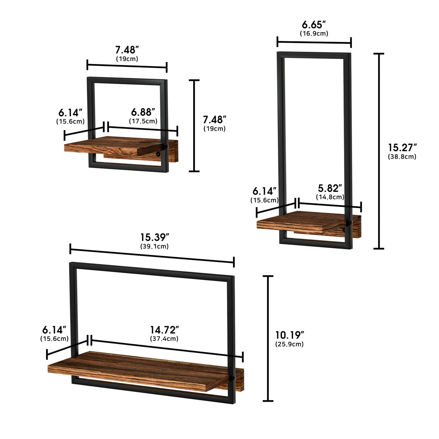 DELFOY Metal Frame Rustic Wooden Floating Hanging Shelves, Home Decor Wall Mounted Display Organizing Shelf for Living Room, Bedroom, Office Bathroom. Set of 3