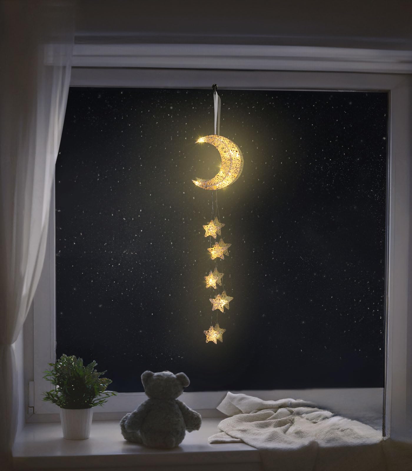 Lewondr Hanging Light,Rattan Moon Star Fairy Lights Indoor Decorative Lights Window Light Easy Operated Star Lights for Children's Room Bedroom Party Ramadan Decoration with Timer Fuction,White