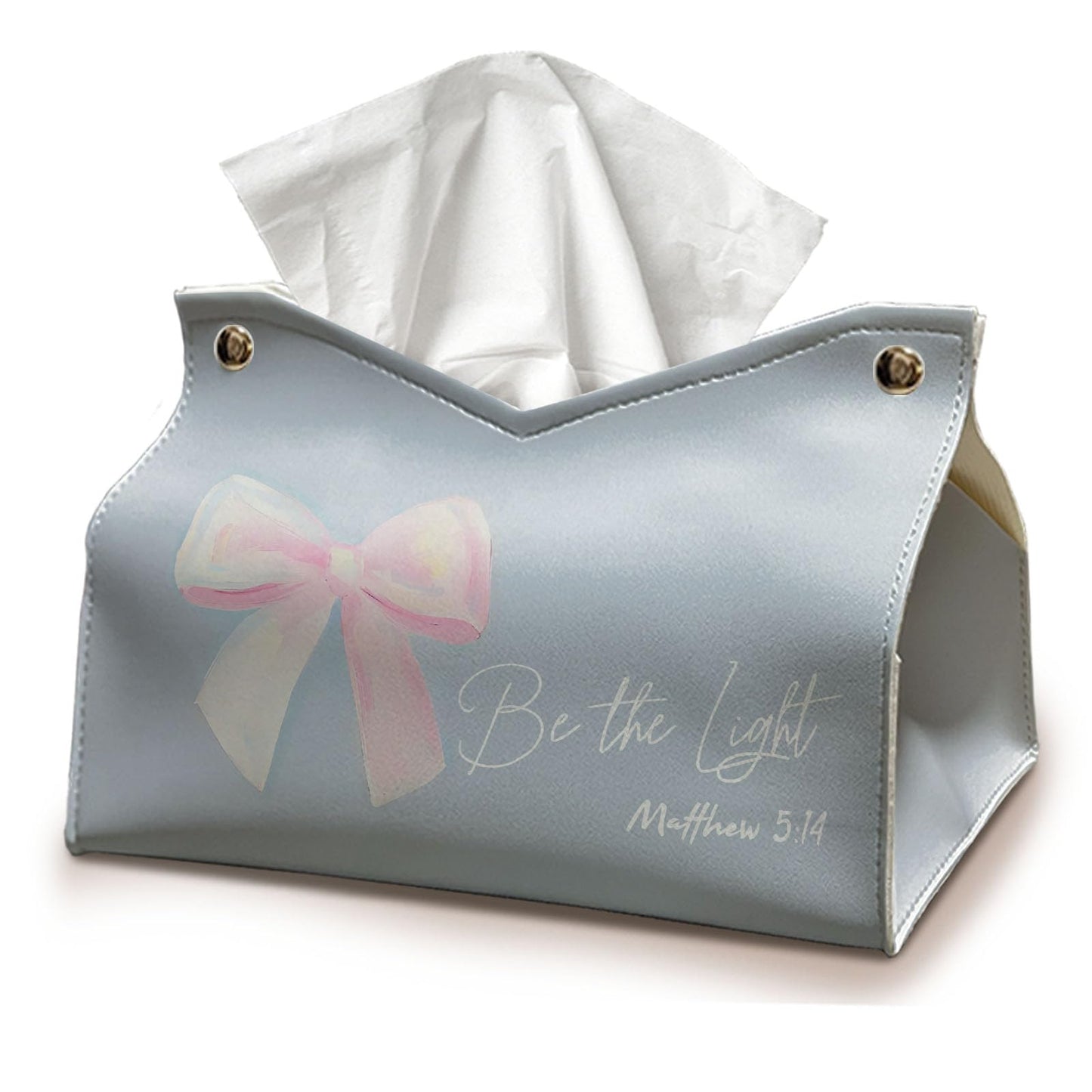 Blue Pink Bows Tissue Box Cover Rectangle, Christian Decorative Facial Tissues Boxes for Living Room Desk, Bible Be The Light PU Leather Tissue Holder for Bathroom Kitchen 9.8x5.9x5.9