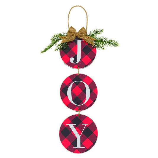 LaZimnInc Christmas Decoration JOY Wall Sign, Buffalo Check Plaid Wreath for Front Door Rustic Burlap Wooden Christmas Ornaments for Home Window Wall Farmhouse Indoor Outdoor