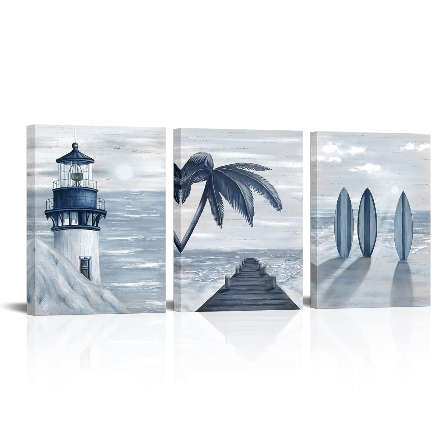 HOMEOART Blue Beach Wall Art Prints Ocean Pier Coastal Dock Seascape Lighthouse Painting Nautical Theme Framed Stretched Artwork Living Room Home Wall Decor 12"x16"x3 pcs