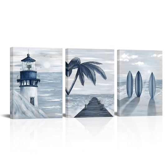 HOMEOART Blue Beach Wall Art Prints Ocean Pier Coastal Dock Seascape Lighthouse Painting Nautical Theme Framed Stretched Artwork Living Room Home Wall Decor 12"x16"x3 pcs