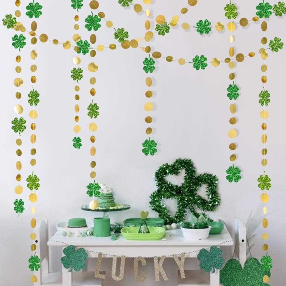 Cheerland St Patricks Day Decorations Green Shamrock Garland 4 Leaf Clover Glitter St Paddys Banner Hanging Streamers for Saint Patrick's Day Lucky One Birthday Irish Party Supplies Spring Decor 52Ft