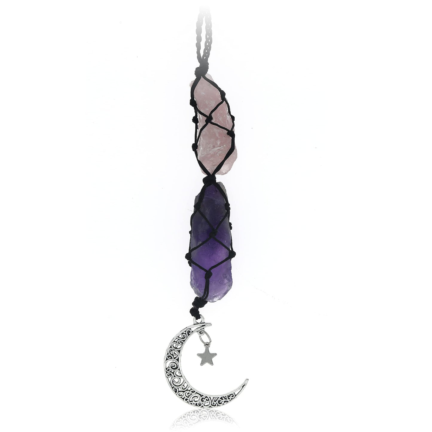 BOHO GARDEN Crystal Hanging Car Charm - Purple Rear View Mirror Hanging Car Accessories for Women, Moon Decor Hanging Ornament, Witchy Gifts and Healing Stones - Rose Quartz & Amethyst