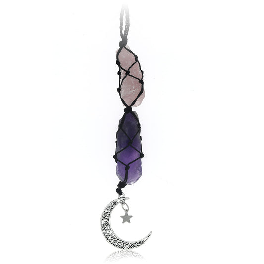 BOHO GARDEN Crystal Hanging Car Charm - Purple Rear View Mirror Hanging Car Accessories for Women, Moon Decor Hanging Ornament, Witchy Gifts and Healing Stones - Rose Quartz & Amethyst
