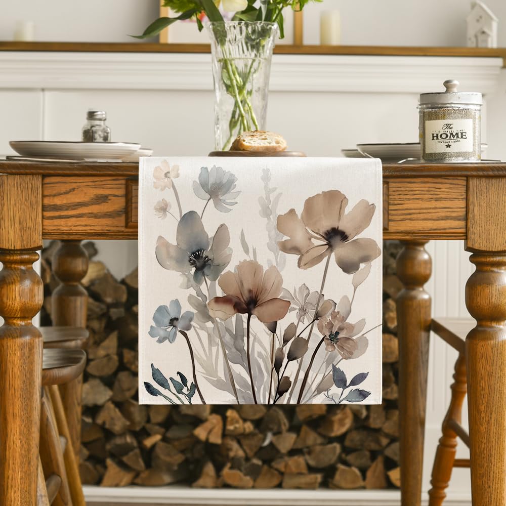 Artoid Mode Brown Poppy Floral Leaves Spring Table Runner, Seasonal Summer Kitchen Dining Table Decoration for Home Party Decor 13x108 Inch