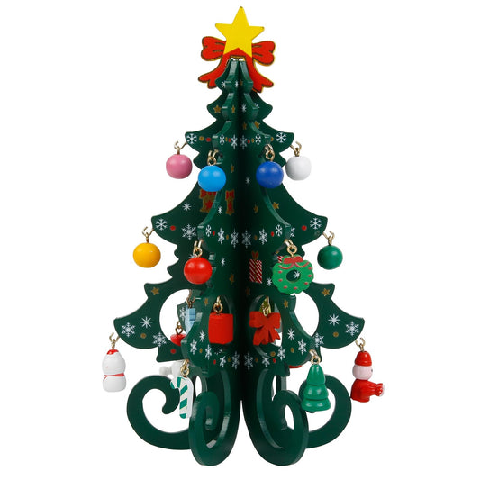 TEBIEKOY DIY Mini Wooden Christmas Tree with Ornaments Set, Cute 7 Inch Small Xmas Tree Kit with 24 Hanging Decorations New Year Parties Supplies, Easy Installing Holiday Craft Gift for Families