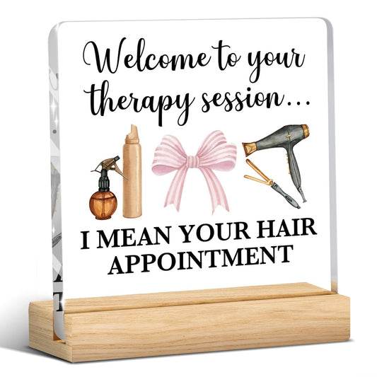 Hair Salon Decor, Hairdresser Gifts, Salon Decor for Hair Stylist, Birthday Christmas Thank You Gift for Hairstylist Women, Pink Bow Acrylic Sign With Wooden Stands Desk Shelf Table Decoration