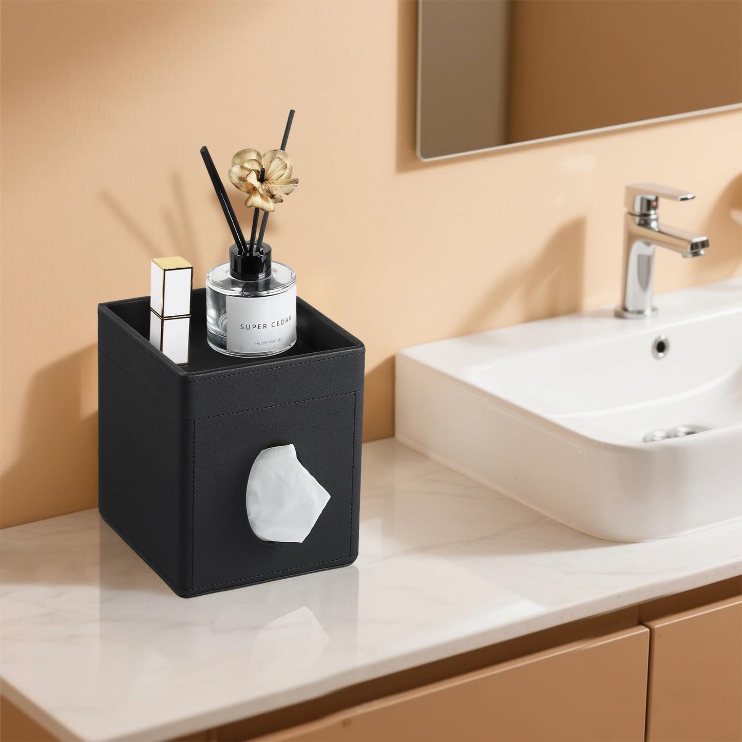 Cretkhp Tissue Box Cover, PU Leather Square Tissue Box Holder with Storage Tray for Bathroom Vanity Countertop Night Stands Bedroom Office Desk, Stylish Tissue Holder Decorative Organizer (Black)