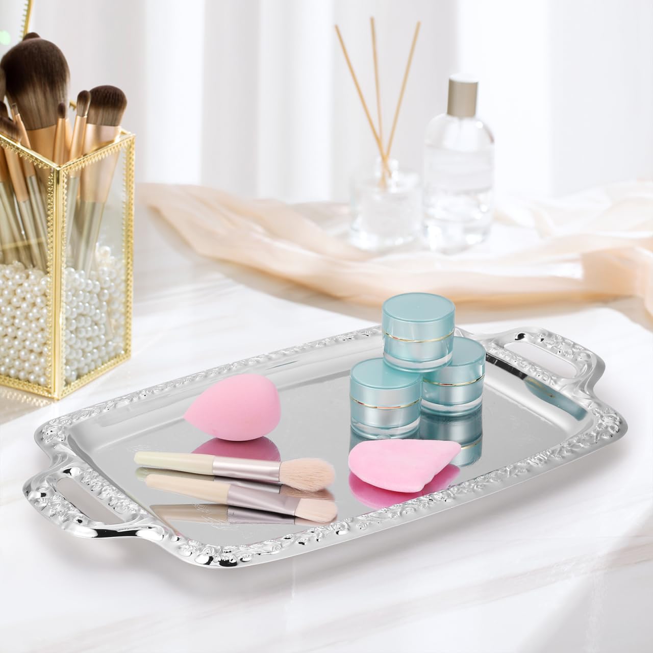 STOBAZA Silver Serving Tray, Metal Coffee Table Ottoman Tray with Handles, Rectangle Butler Plate for Breakfast in Bed, Table Decor - 15.3X9X0.67inch