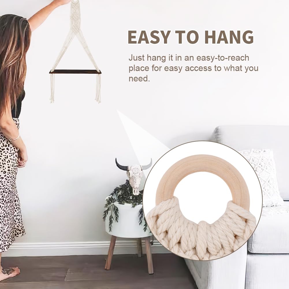 Trenqular 2 Pack Macrame Wall Hanging Shelf,Boho Wooden Display Floating Shelves with Handmade Woven Rope,Rustic Wood Floating Storage Shelf,for Living Room Hanging Plants Photos
