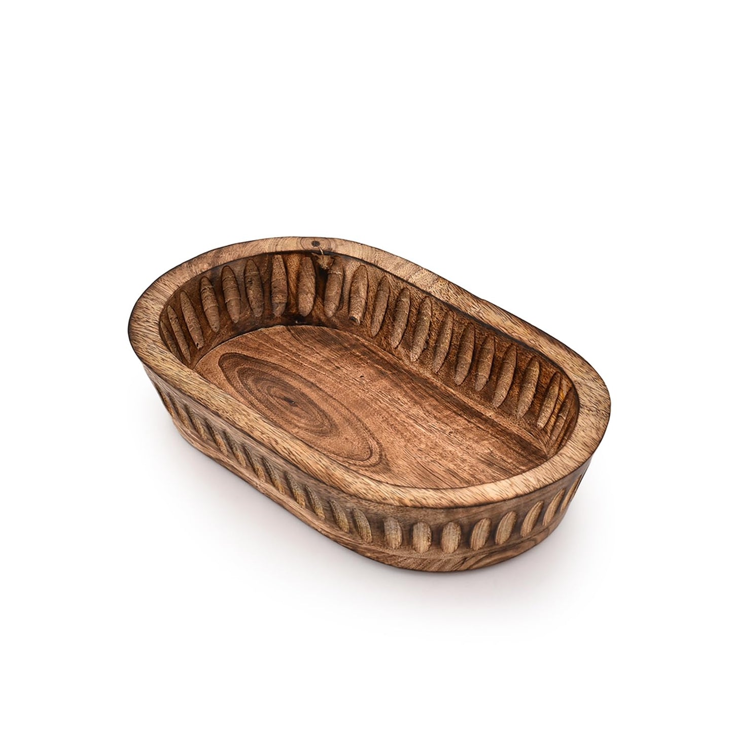 Kaizen Casa Decorative Bowl Mango Wood for Home Decor, Unique Centerpiece Bowl, with Hand Carved Vertical Stripes for Home Decor, Bathroom, Kitchen Counter, & More (10" x 6" x 2")