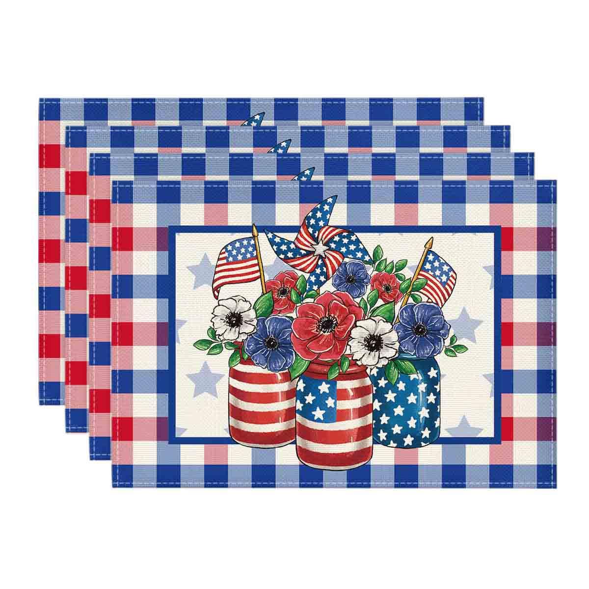 Artoid Mode Buffalo Plaid Vases Flowers 4th of July Placemats Set of 4, 12x18 Inch Seasonal Holiday Table Mats for Party Kitchen Dining Decoration