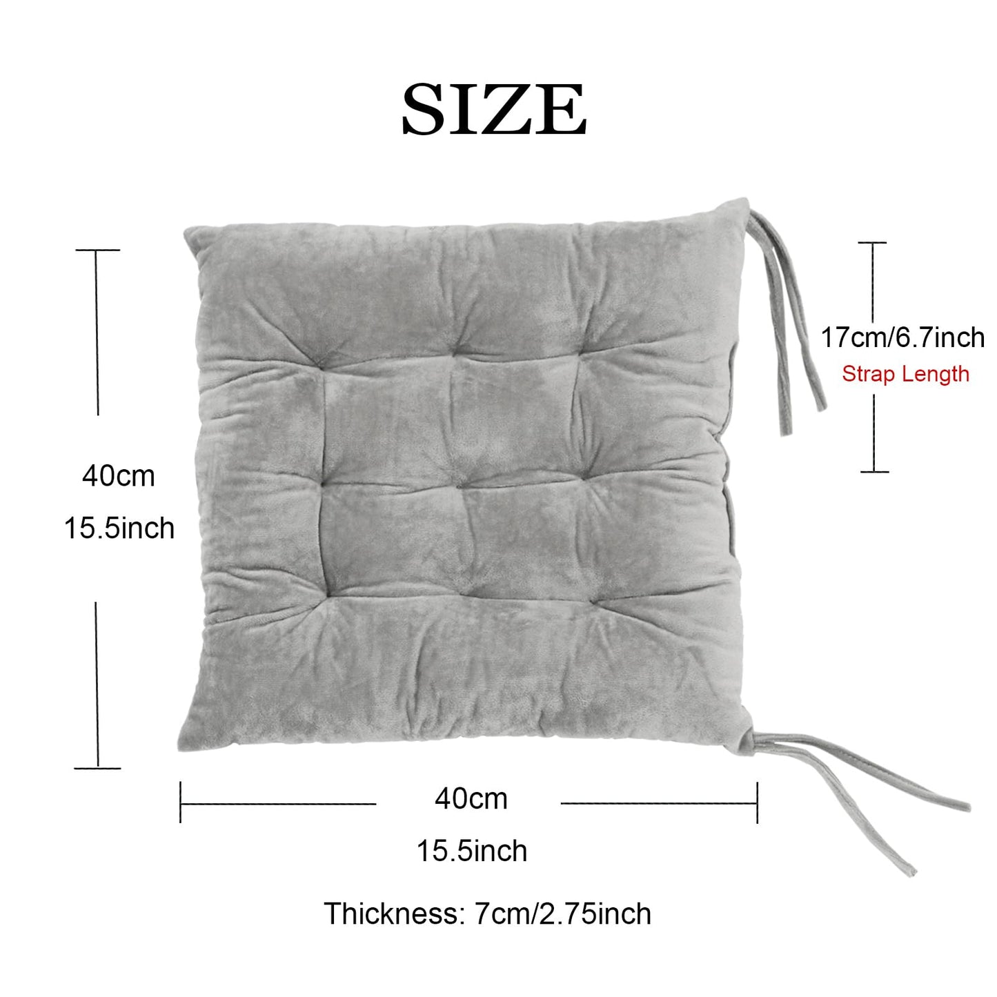 MissSoul 2 Pack Square Seat Cushion Chair Pads for Kitchen Dining Chairs, Soft Comfort Velvet Chair Mat Pillow Cushions with Ties for Office Desk Living Room Tatami 15.5", Gray