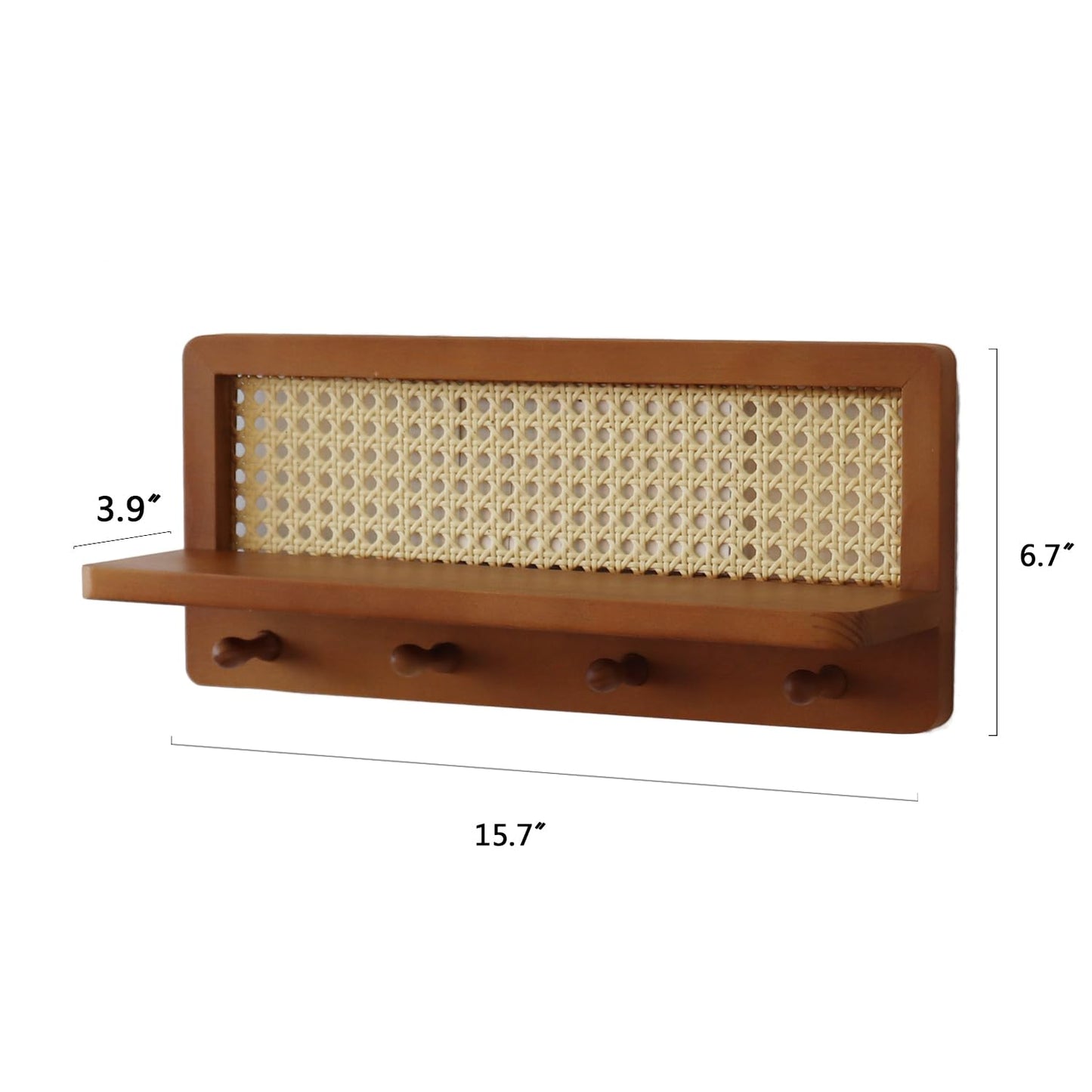 FRIADE PE Rattan Coat Rack Shelf Wall Mounted with 4 Hooks, Decorative Coat Hook Rack with Floating Shelf for Entryway, Nursery, Mudroom, Hallway, Kitchen, Office (Retro Brown)