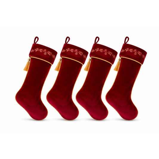 Kinlop 4 Pcs 18 Inch Burgundy Luxury Velvet Christmas Stockings Holly Embroidered Christmas Stocking Stockings with Gold Tassel Decorations for Fireplace Xmas Party Vintage Holiday Decorations