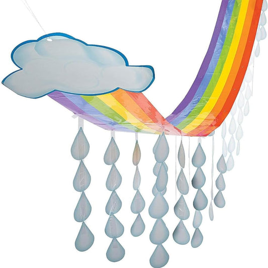 Fun Express Rainbow Cloud & Raindrops Ceiling Hanging Decorations 12 Ft x 32" - Spring Classroom Decor for Party, Daycare & Sunday School | Colorful Paper Decorations for Kids Events