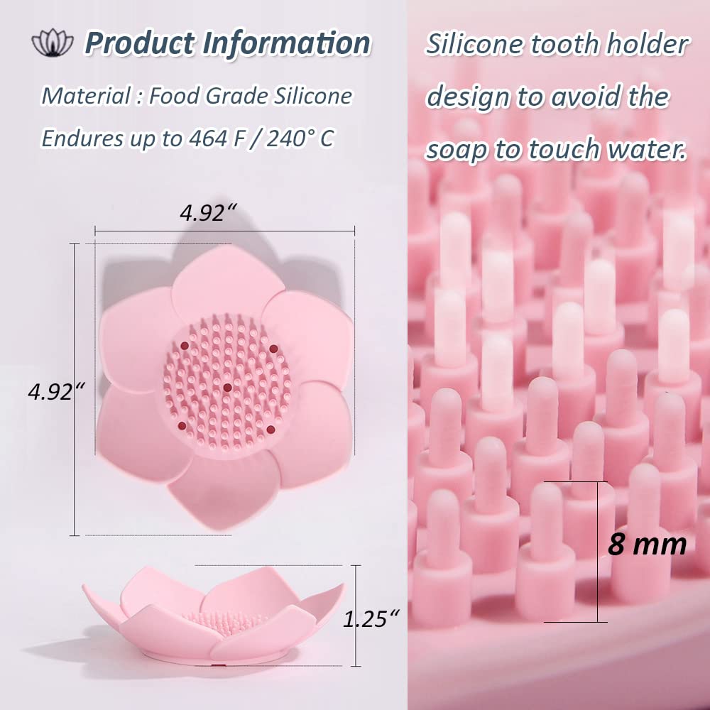 Soap Dishes with Draining, Bathroom Bar Soap Holder for Shower, Soap Tray for Kitchen Sink, Silicone Flower Shape Soap Saver for Counter, Bathtub. Extend Soap Life, Easy Dry (2 Pack, Pink + Blue)