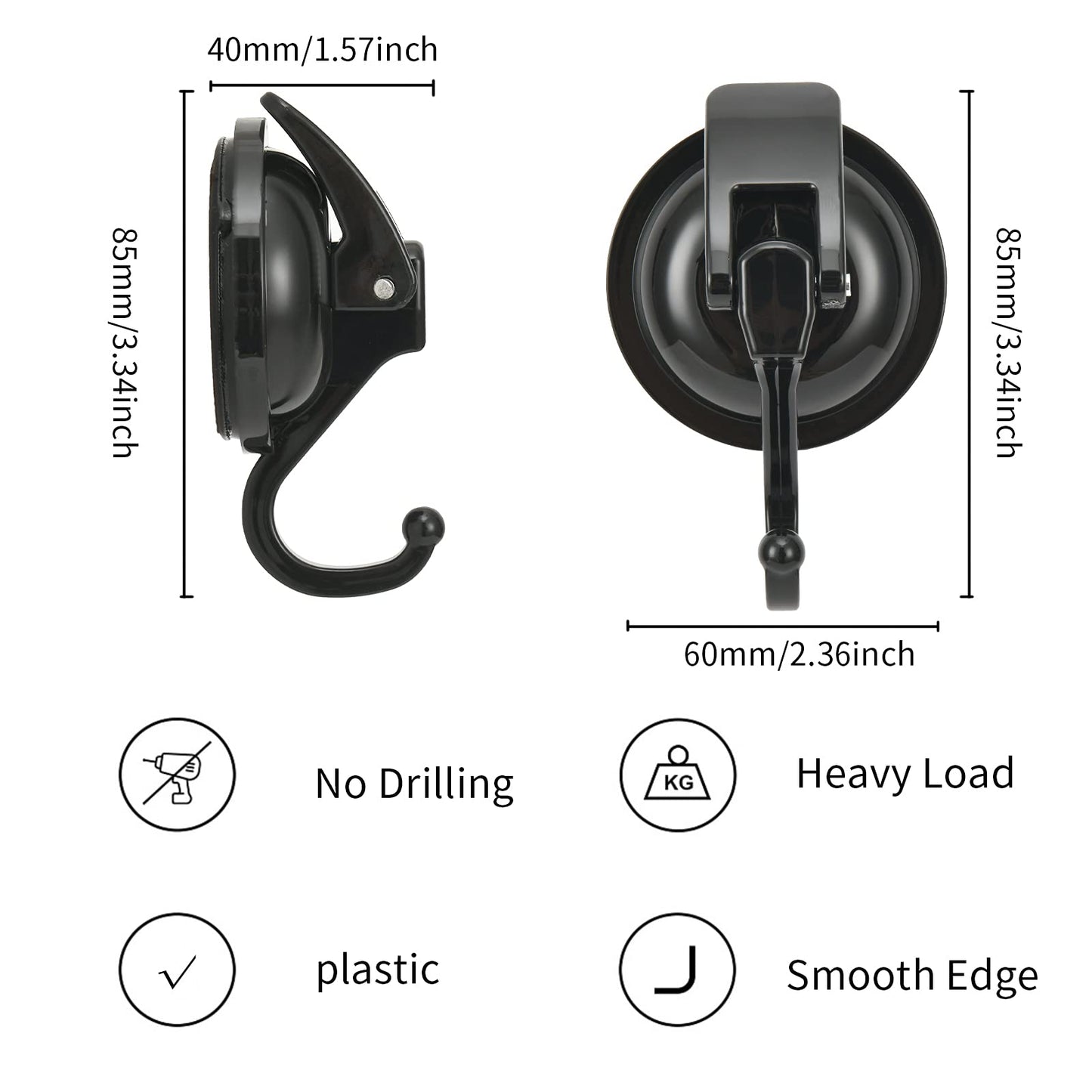 Khdrvok Heavy Duty Vacuum Wreath Cup Hook, No Hole Punched, Black-Plated Polished Super Suction for Kitchen, Bathroom and Restroom, ABS Plastic and TPU Rubber, 2 Pack