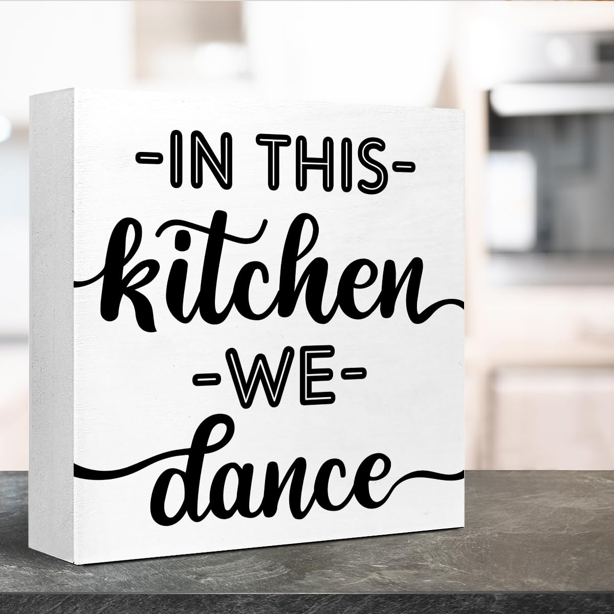 LVQHI Joyful Wooden Block Sign With "In This Kitchen We Dance" Quote, Whimsical Kitchen Dance Sign, Home Dance Decor For Party Kitchen, Music Lover's Kitchen Decor 5"L x 5"W x 1.2"H V612