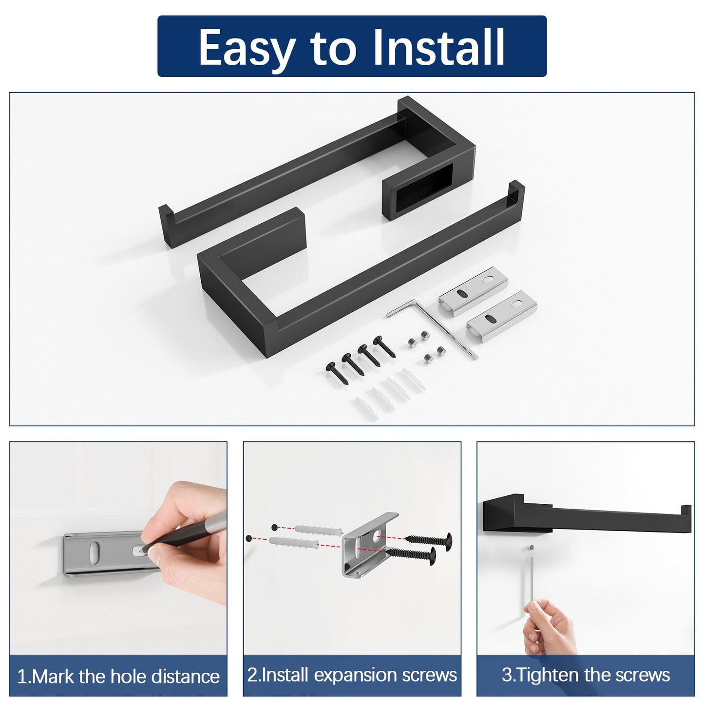 Gypie Hand Towel Holder for Bathroom Wall 2 Pack -Modern Towel Ring Square Hidden Mount with Dual Screws, Anti-Slip End, Stainless Steel, Matte Black