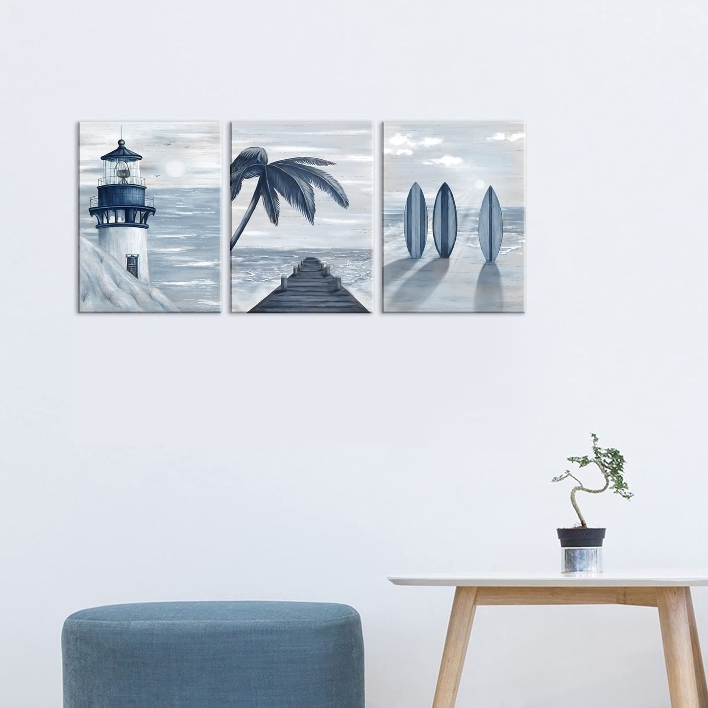 HOMEOART Blue Beach Wall Art Prints Ocean Pier Coastal Dock Seascape Lighthouse Painting Nautical Theme Framed Stretched Artwork Living Room Home Wall Decor 12"x16"x3 pcs