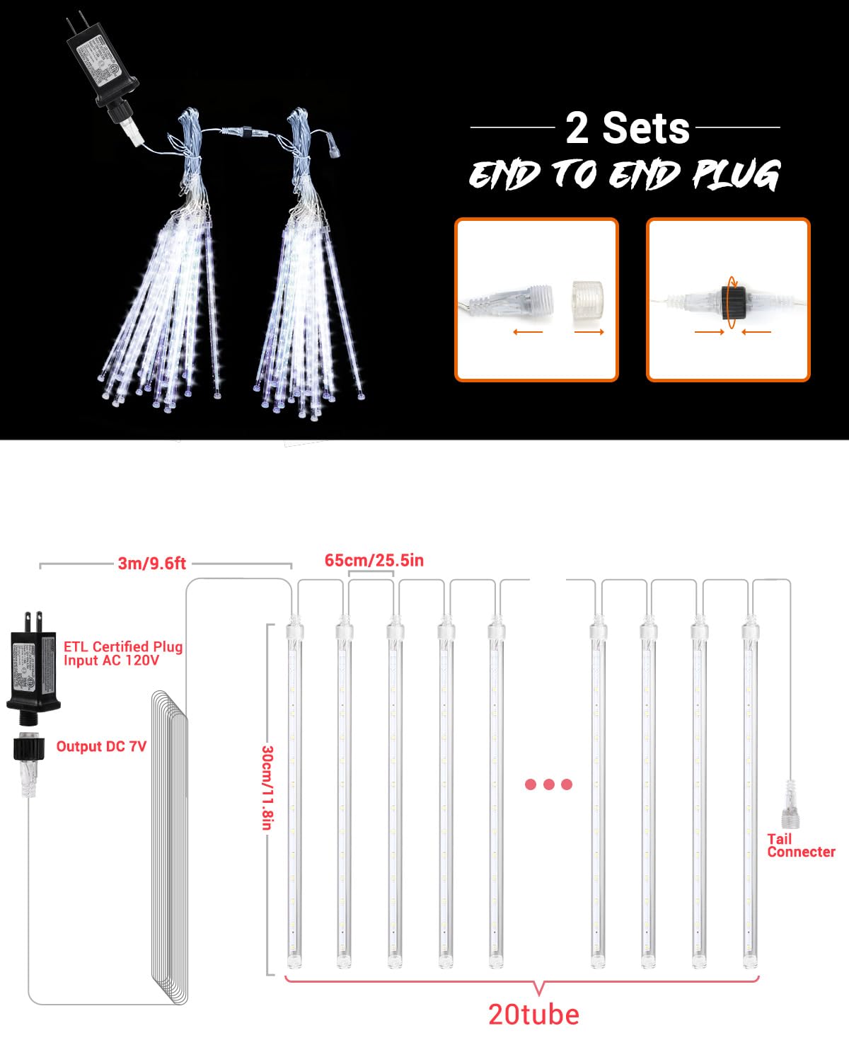 Flacchi Cool White 20 Tubes Meteor Shower Icicle Lights 480 LED Raindrop Lights with Timer Function Cascading Falling Rain Light for Holiday Party Christmas Decorations