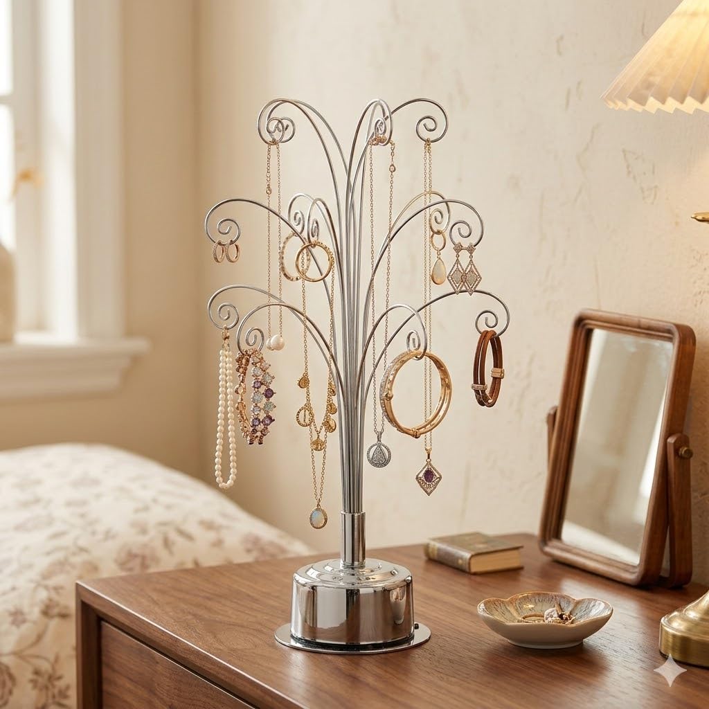 HOHIYA Ornament Display Stand 360° Rotating Christmas Tree Display with 15 Metal Hooks Tabletop Ornament Hanger for Crystal Glass Baubles Elegant Chrome Silver Eater Decor