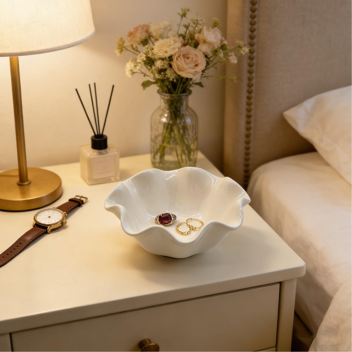BROSEBEAQ Small Jewelry Tray, Ceramic Lotus Ring Dish, 3.5", White, Vanity Ring Holder, Trinket Dish (White)