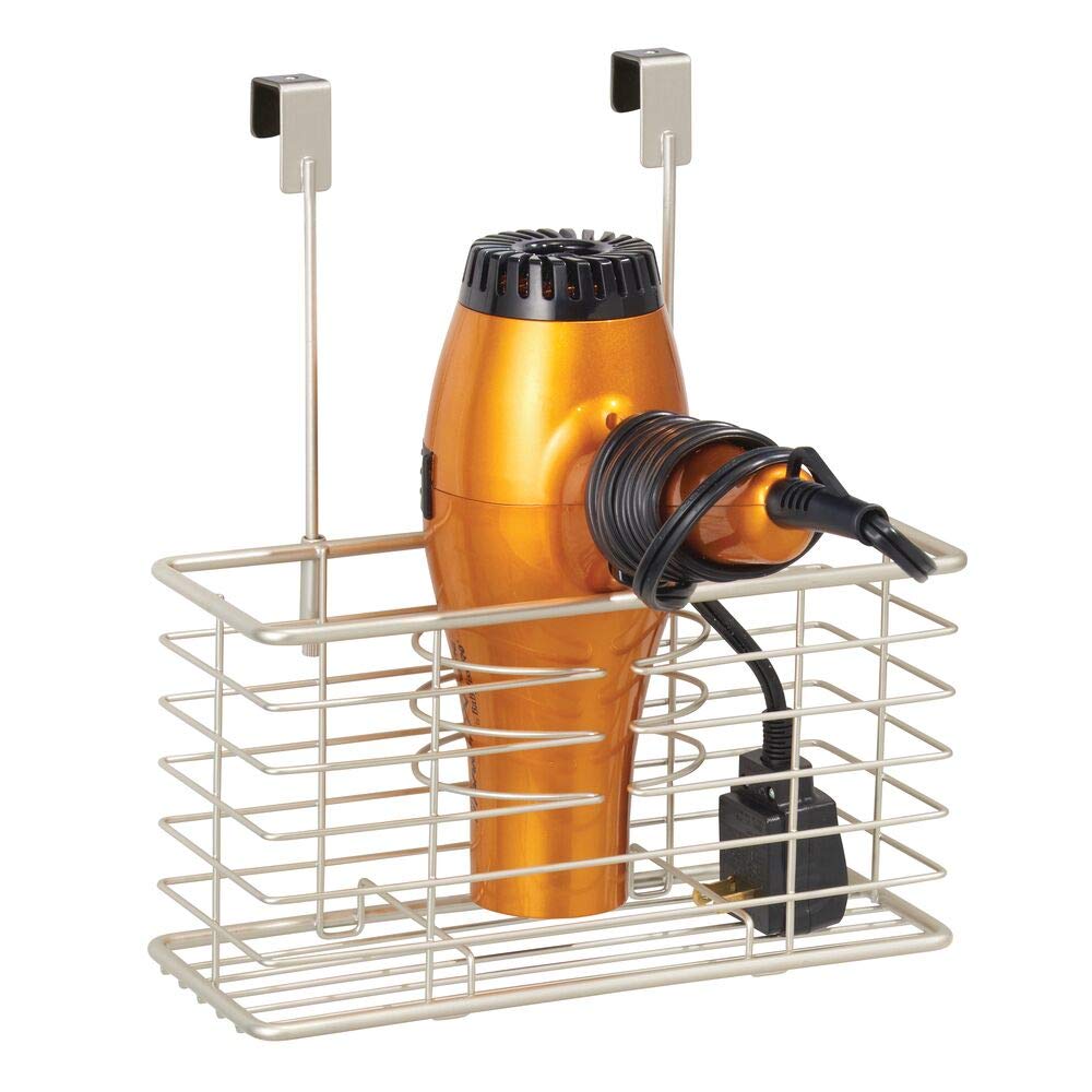mDesign Steel Over Cabinet/Door Hair Dryer Holder Storage, Hair Styling Tool Organizer Basket for Bathroom - Blow Dryer, Flat Iron, Curling Wand, Straightener, Linelle Collection - Satin