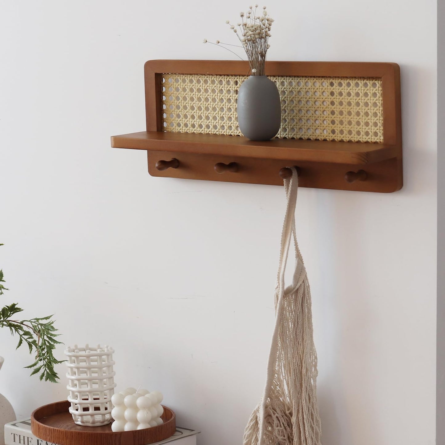 FRIADE PE Rattan Coat Rack Shelf Wall Mounted with 4 Hooks, Decorative Coat Hook Rack with Floating Shelf for Entryway, Nursery, Mudroom, Hallway, Kitchen, Office (Retro Brown)