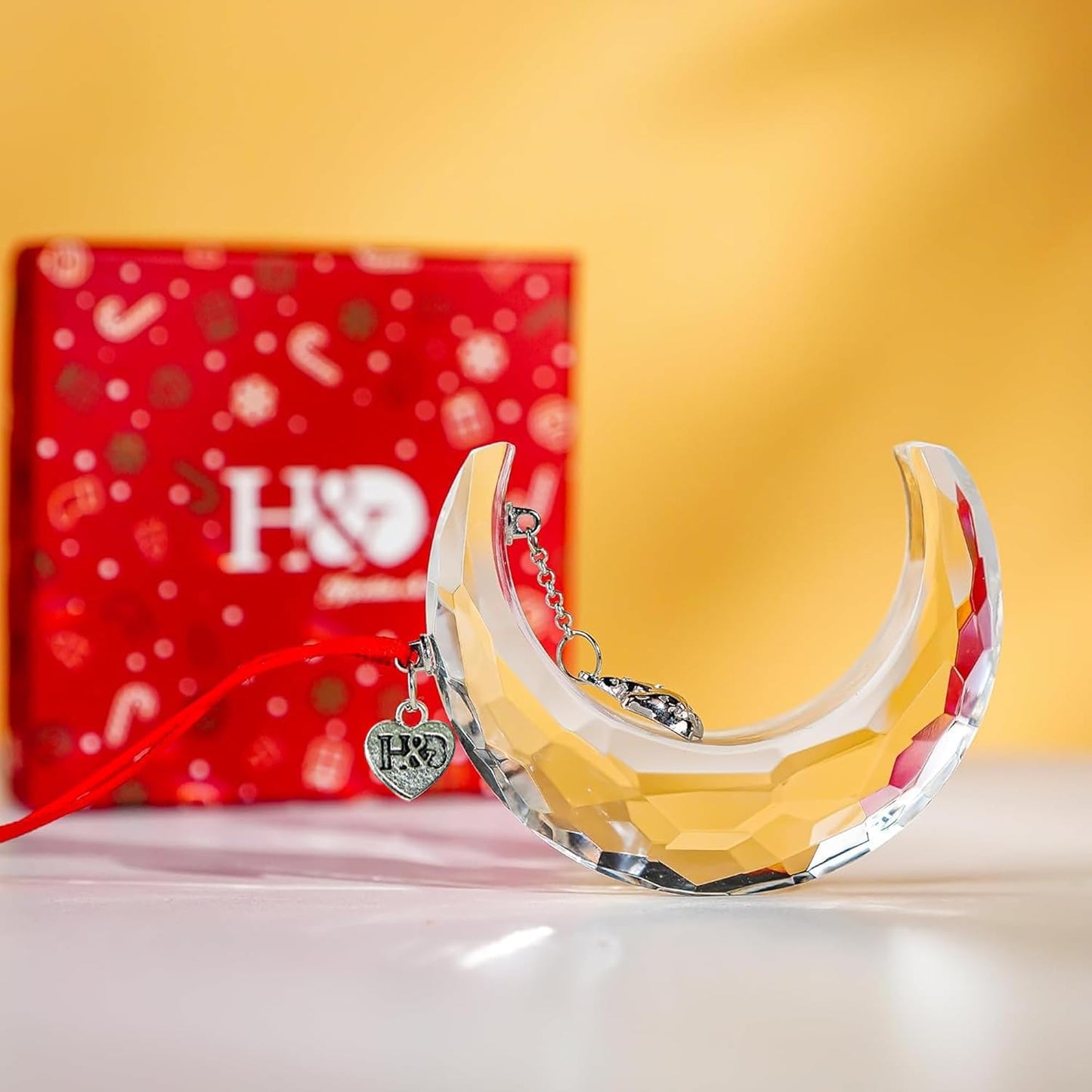 H&D HYALINE & DORA 2026 Christmas Moon Ornament Crystal Christmas Moon Hanging Ornament Clear Crystal Suncatcher Ornament for Xmas Winter Party Home Decor