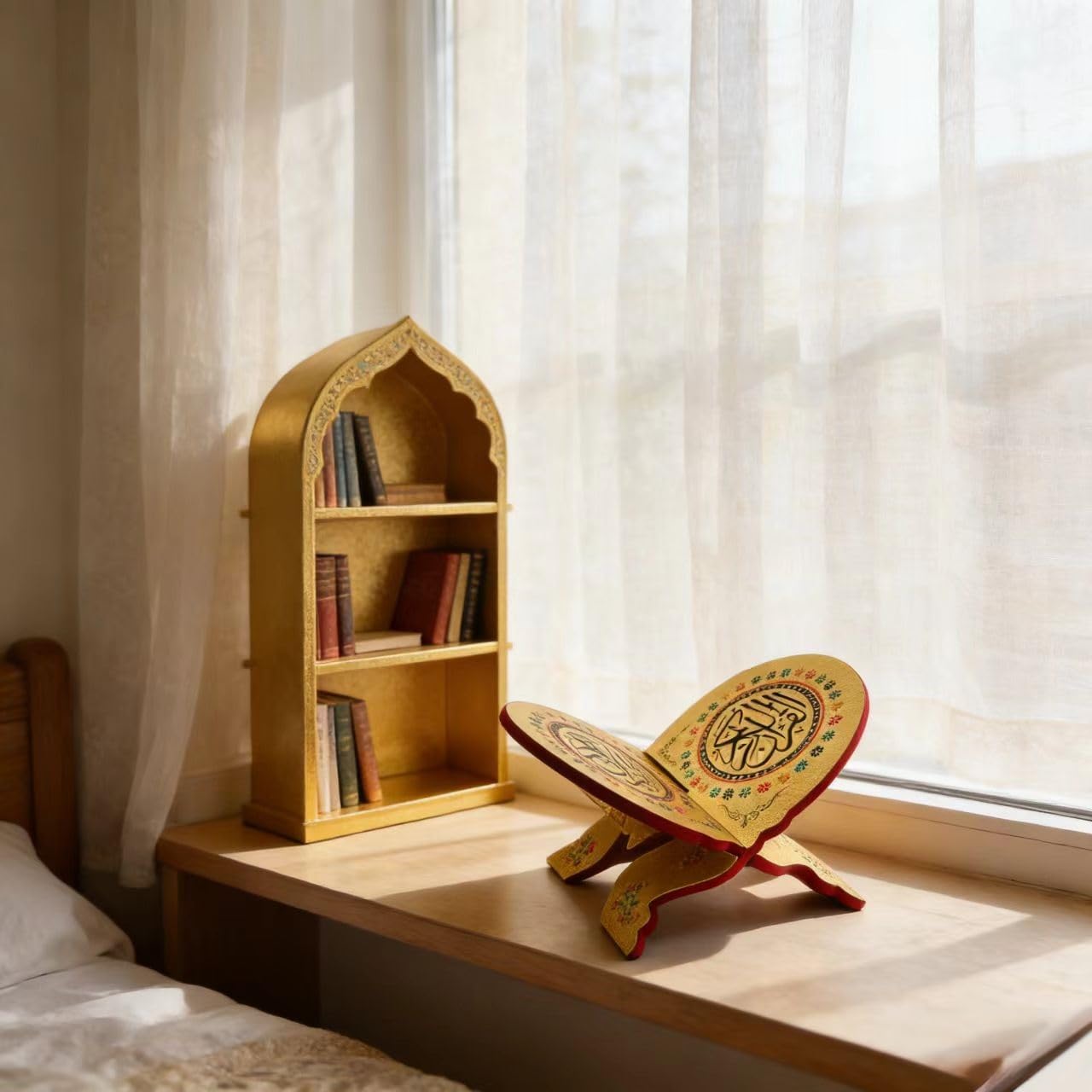 KYMY Muslim Quran Rehal Book Stand – Foldable Wooden Carved Quran Reading Holder for Al-Quran, Koran, Bible Books, Islamic Prayer Book Stand for Ramadan & Eid Decor