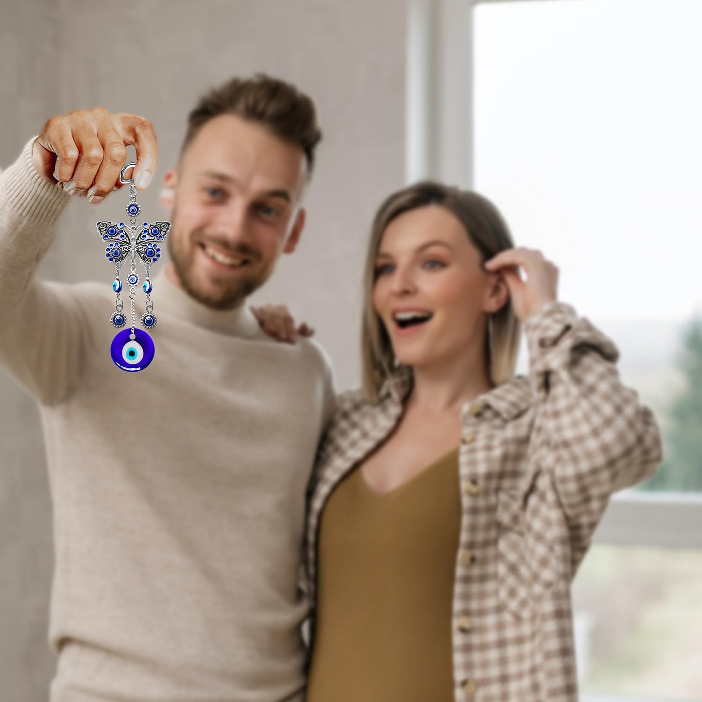 Blue Evil Eye Hanging Decoration Nazar Amulet Wall Hanging Home Protection and Blessing Decor (Butterfly-A)