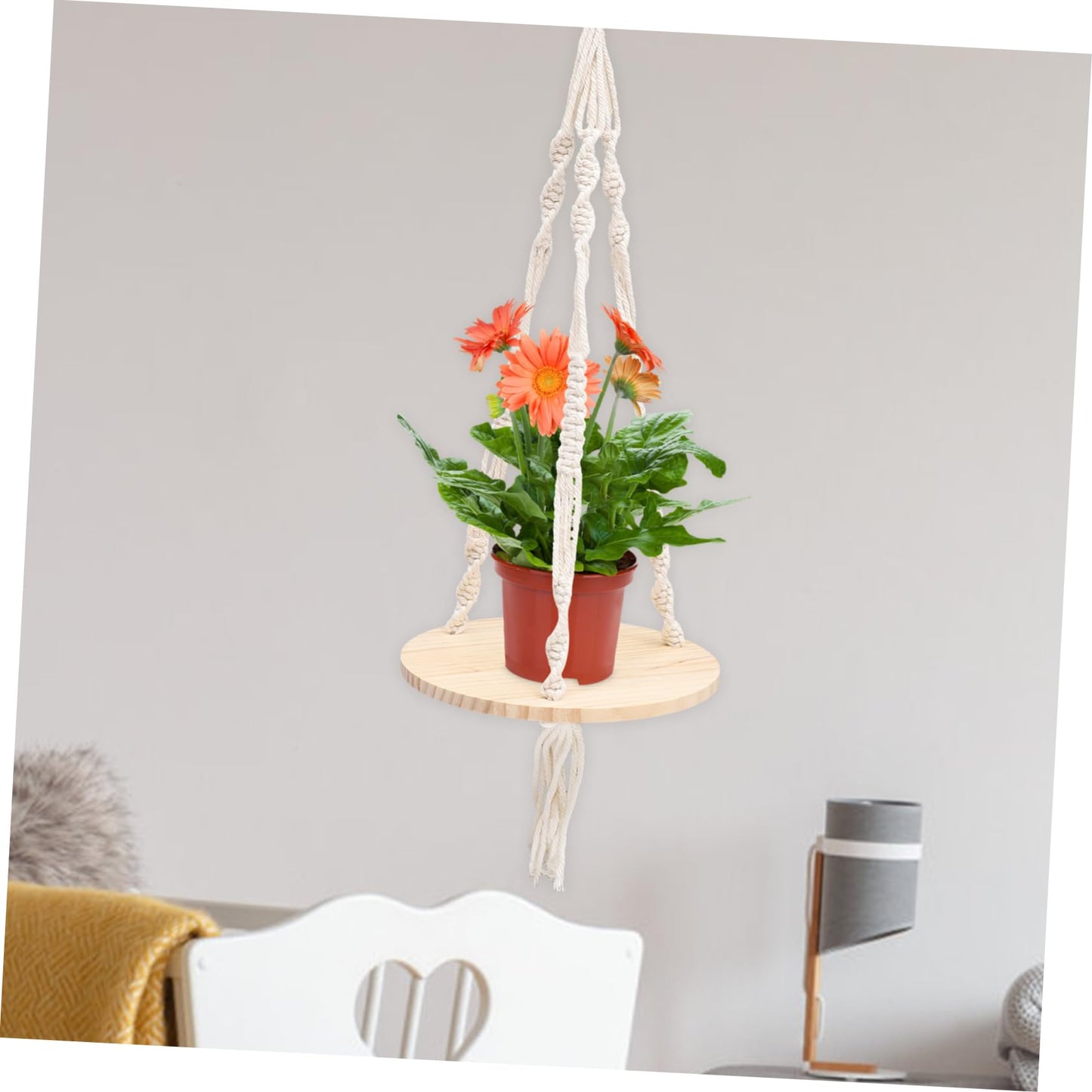 SOLUSTRE Boho Macrame Hanging Shelf Tassels Natural Wood Floating Plant Pot Holder for Indoor Wall Decor 24 Diameter Cotton Rope Design for Flower Pots and Home Decoration