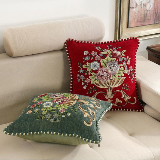 Qupace Set of 2 Beige Vintage Embroidered Throw Pillow Covers for Sofa Couch,Euro Sham Cushion Covers 18x18 in,Floral Embroidered Pillow Covers for Living Room,Bedroom