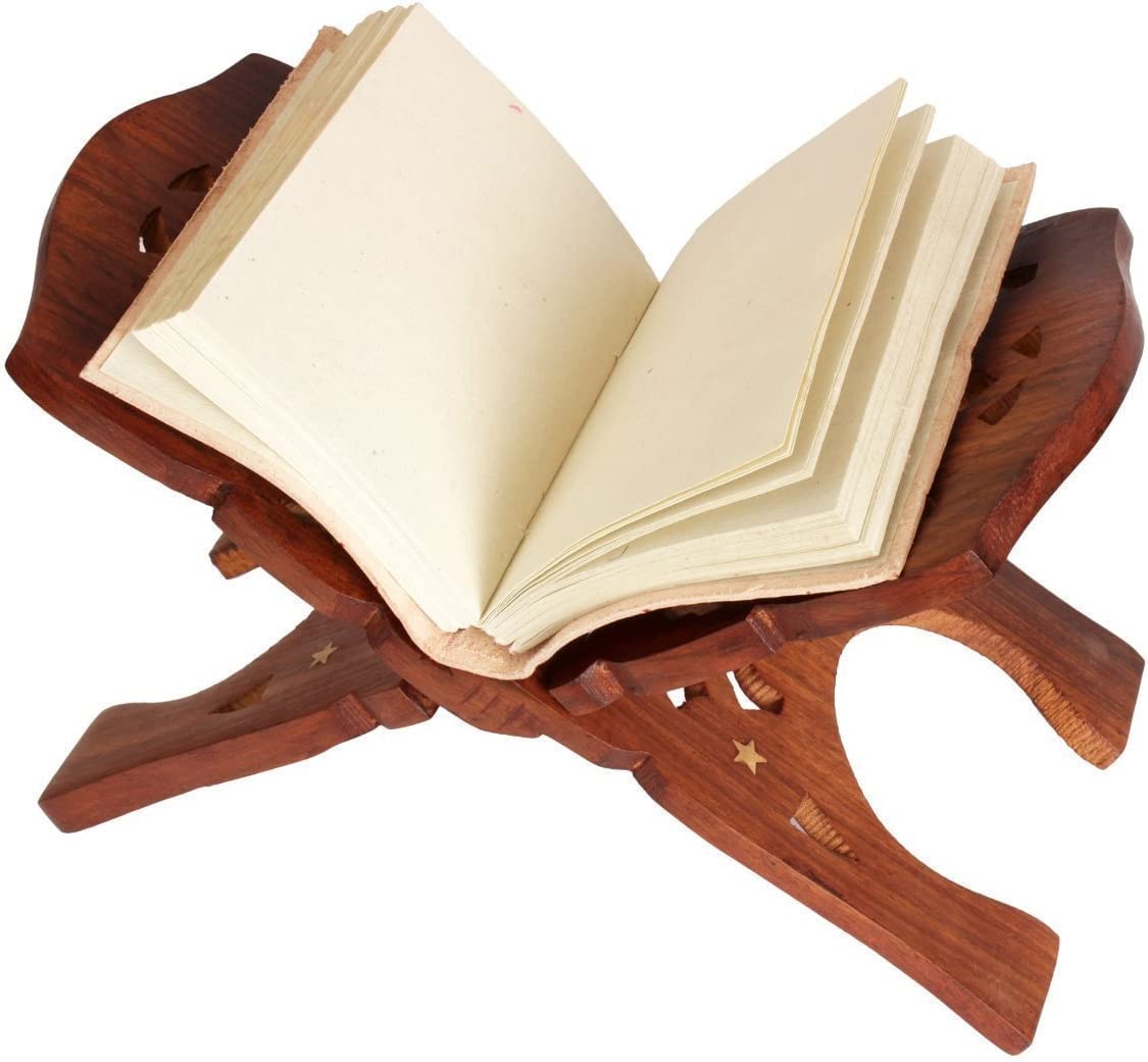 AnNafi® Wooden Book Holder Stand | Rehel/Rehal for Quran Geeta Bible | Indian Book Holders for Reading Hands Free for Desk Gold Stickers | Holy Book Stand Prayer Wood Islam Decor Handmade Gifts