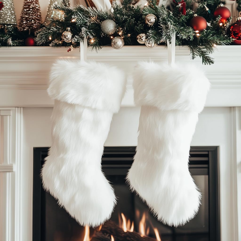 AISENO 2 Pack 18 Inch Snowy White Christmas Stockings Faux Fur Christmas Stockings Hanging Ornaments Candy Gift Bags for Christmas Decorations